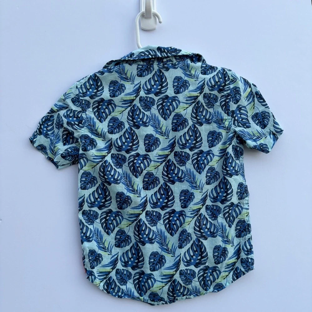 Wrangler Boys 4T Tropical Monstera Leaf Button Down Shirt Blue Green W25S2385THA